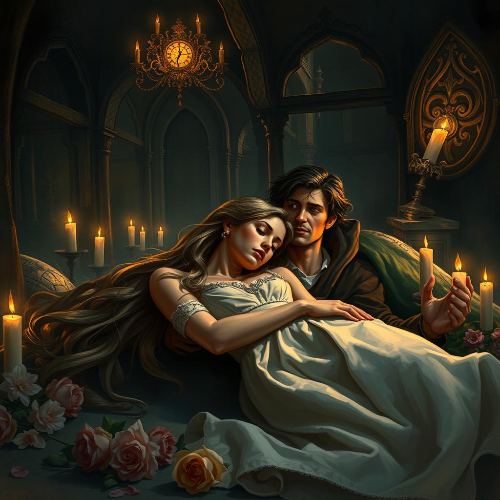 A poignant and dramatic scene depicting Juliet and Romeo in a tomb setting