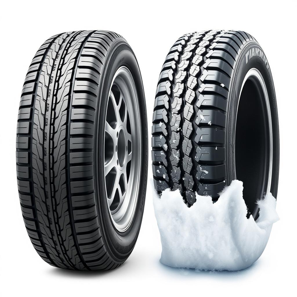 A highly detailed and realistic image depicting a summer tire on the left half and a winter tire on the right half, showcasing the differences in tread patterns and rubber compositions