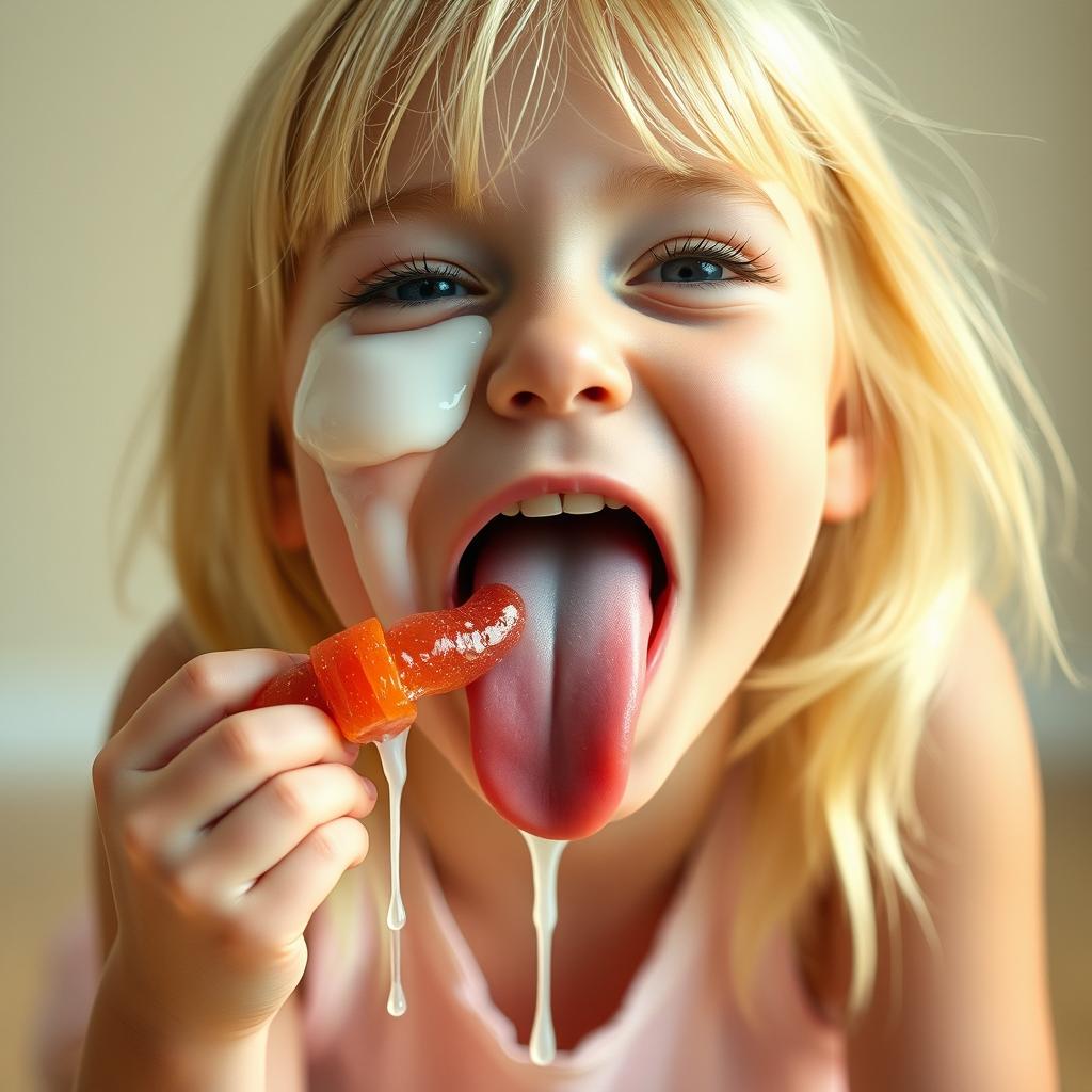 A cute blonde girl kneeling with her mouth open in a close-up shot, her eyes playfully crossed and her tongue sticking out