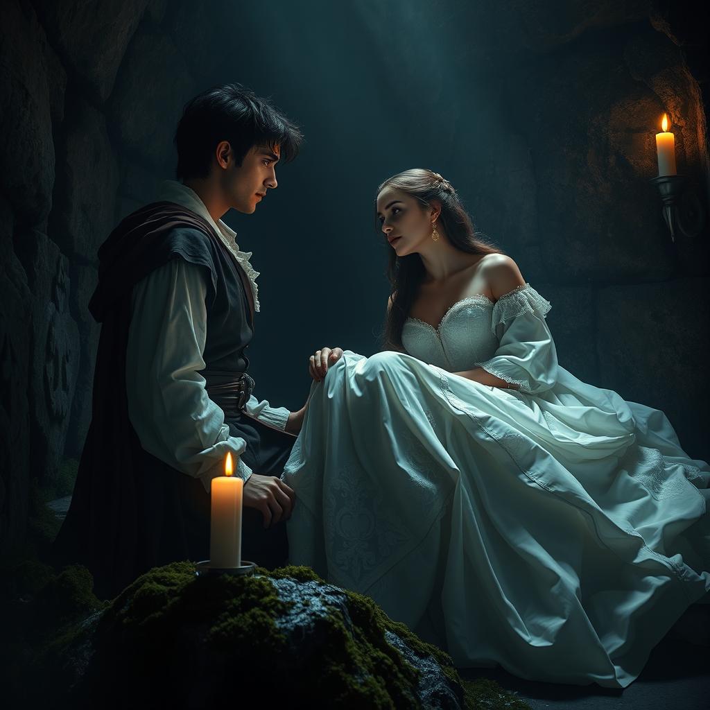 A dramatic and emotional scene depicting Juliet and Romeo in a dimly lit tomb, surrounded by the shadows and stone walls of the burial site