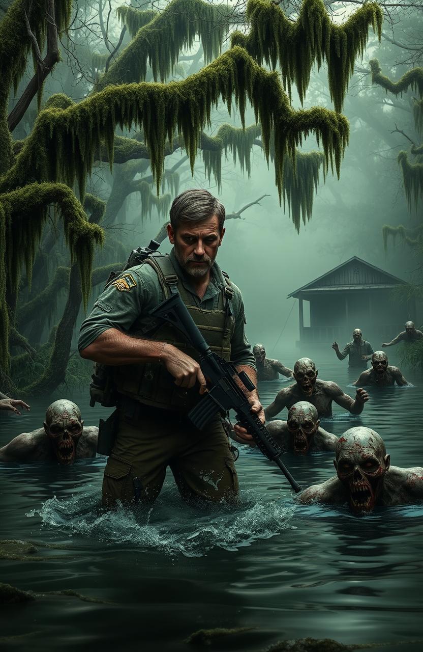 A scene depicting Chance Breaux, a special ops veteran, navigating through a Cajun bayou during a zombie outbreak