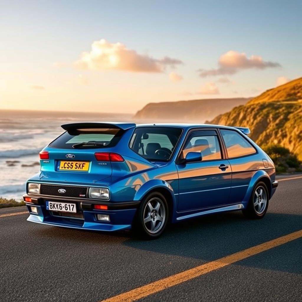A stunning Ford Focus Mk1 in a vibrant blue color, parked on a scenic coastal road with the ocean waves crashing in the background