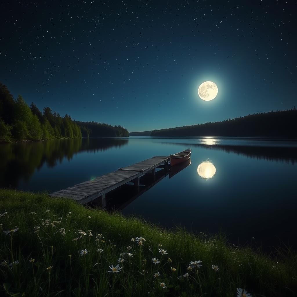A serene nighttime scene featuring a beautiful lake illuminated by the full moon, surrounded by lush forests