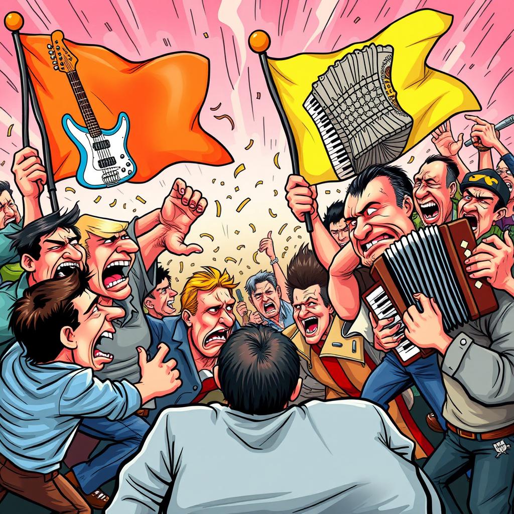 A vibrant caricature scene depicting two groups of angry people confronting each other