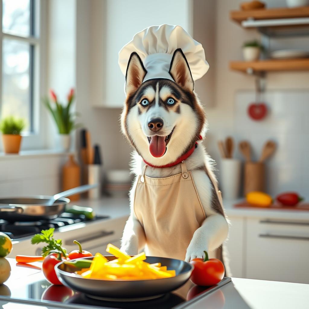 A blue-eyed Siberian Husky wearing a cute chef hat and apron, skillfully cooking in a modern kitchen
