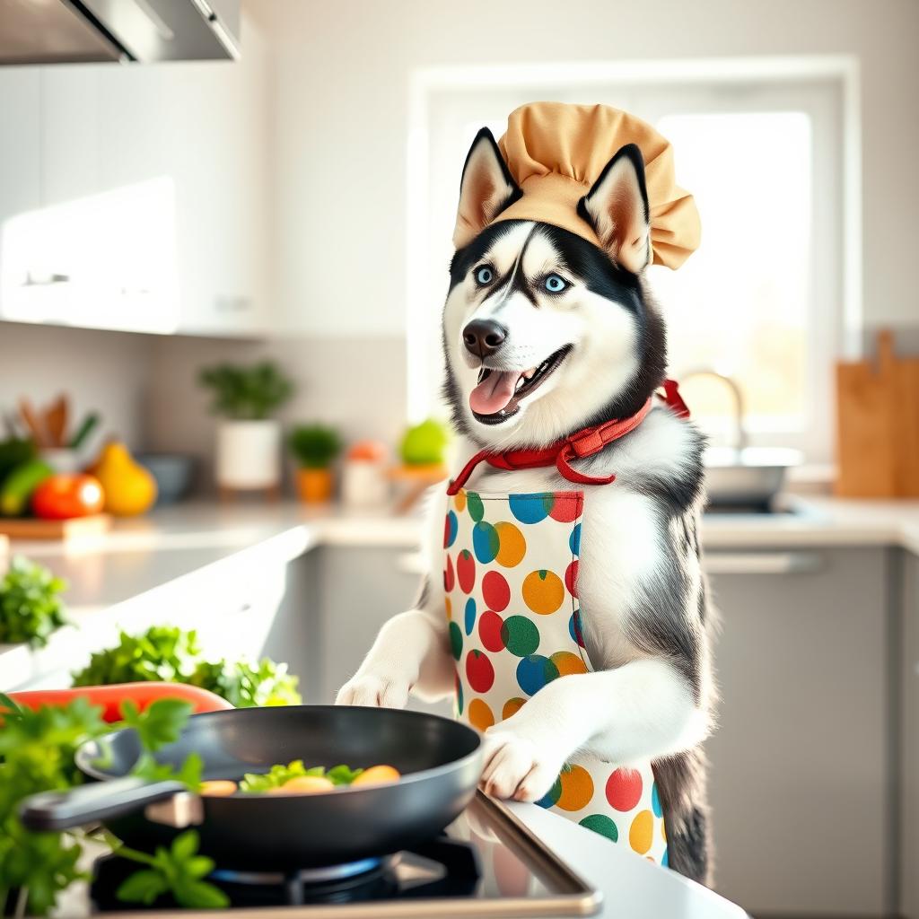 A blue-eyed Siberian Husky wearing an adorable chef hat and a colorful apron, enthusiastically cooking in a stylish modern kitchen
