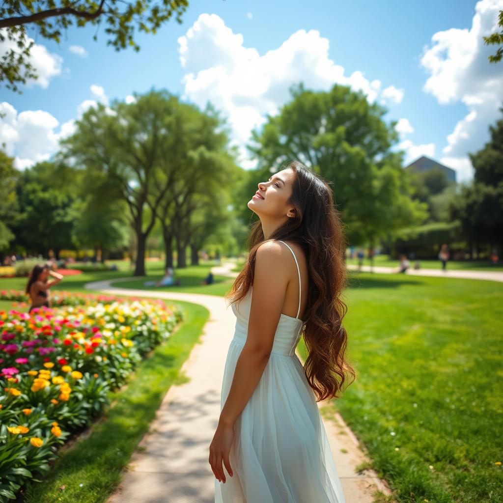 A serene park on a sunny day with colorful flowers blooming, tall trees providing shade, and a soft breeze rustling the leaves