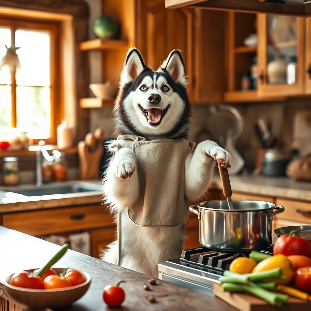 A blue-eyed Siberian husky joyfully cooking in a cozy kitchen