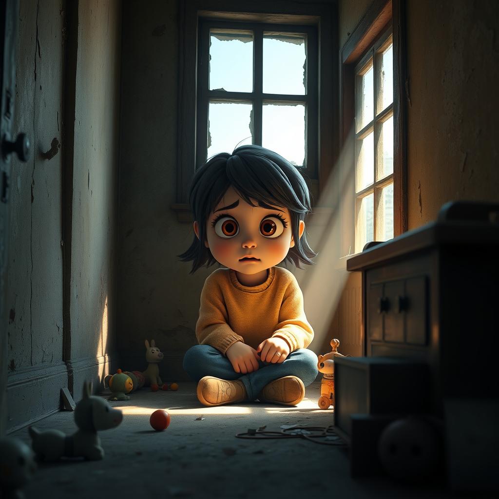 A 3D Pixar-style scene depicting a young girl, around 12 years old, sitting in the corner of a dimly lit, abandoned house