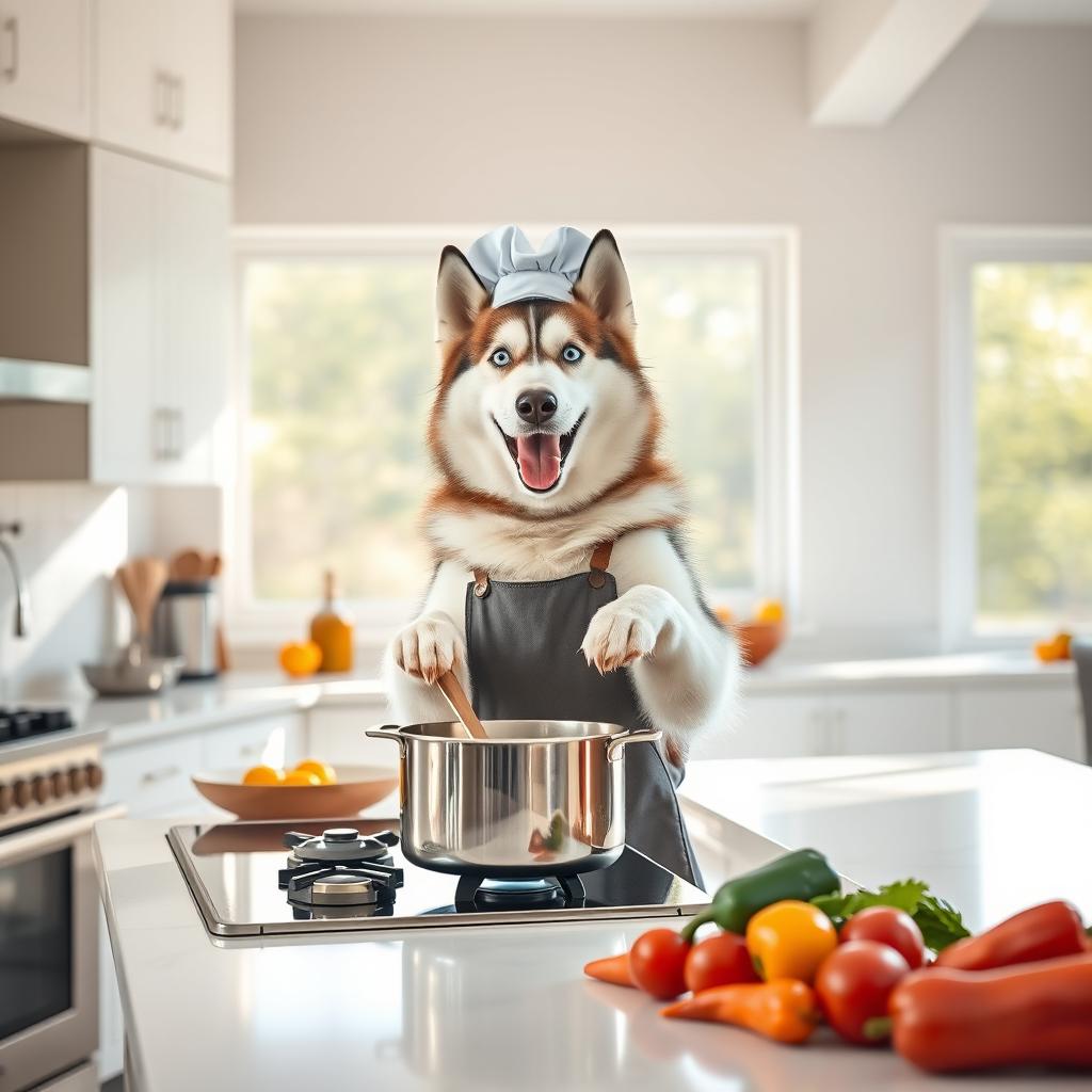 A blue-eyed Siberian husky happily cooking in a bright, modern kitchen