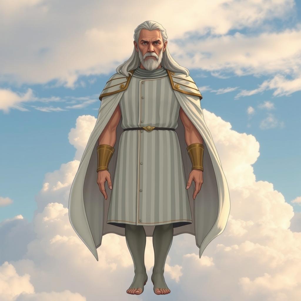 A character resembling a sky god, with an ethereal and majestic presence, featuring vertical stripes on their clothing, designed to look regal and sophisticated