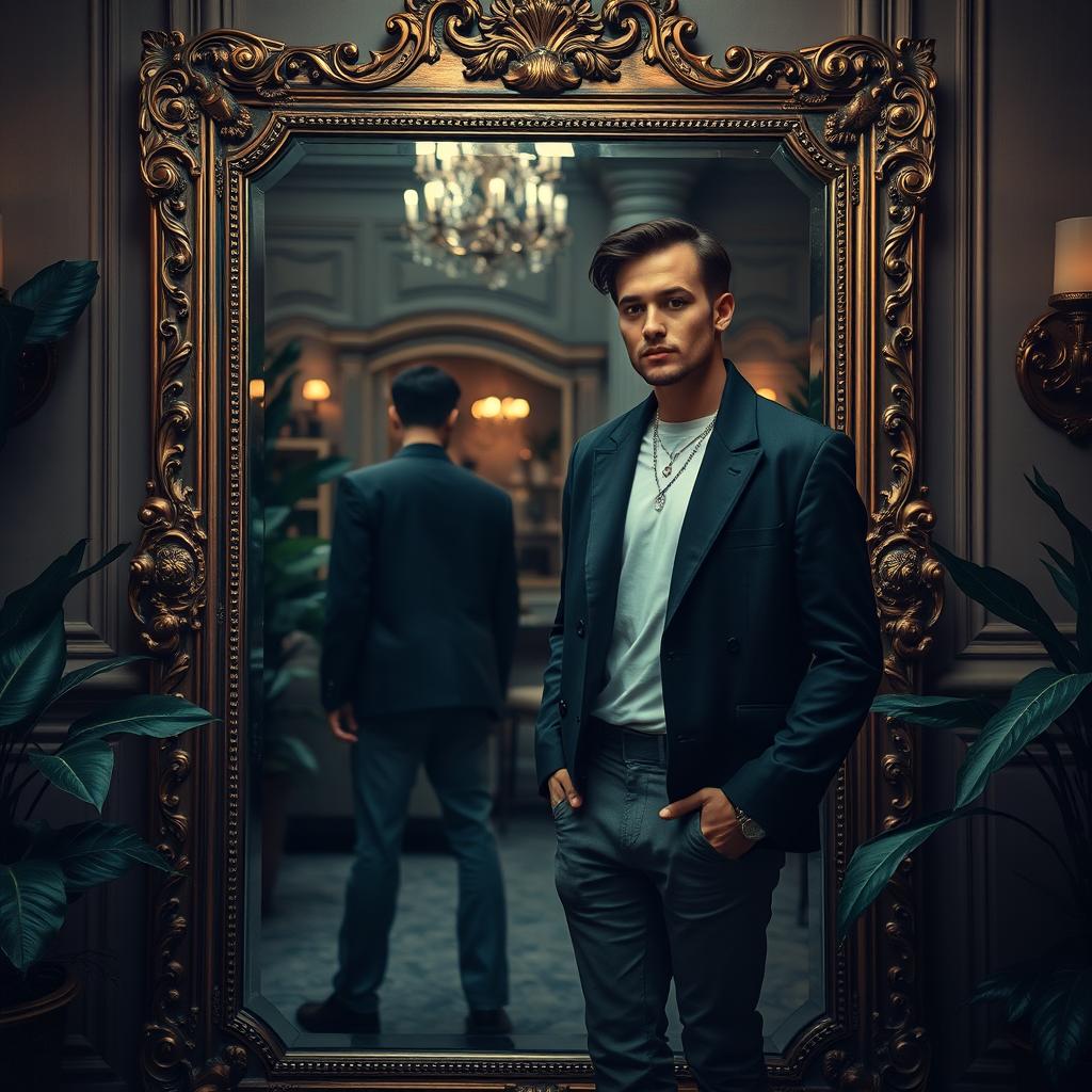 A stylish male figure standing in front of a large ornate mirror, captured in a moody and aesthetic environment