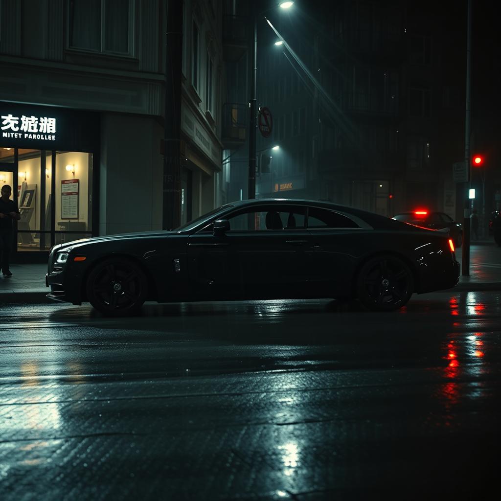 A luxurious car parked on a dark, crime-infested street, with shadows and eerie lighting creating a mysterious atmosphere