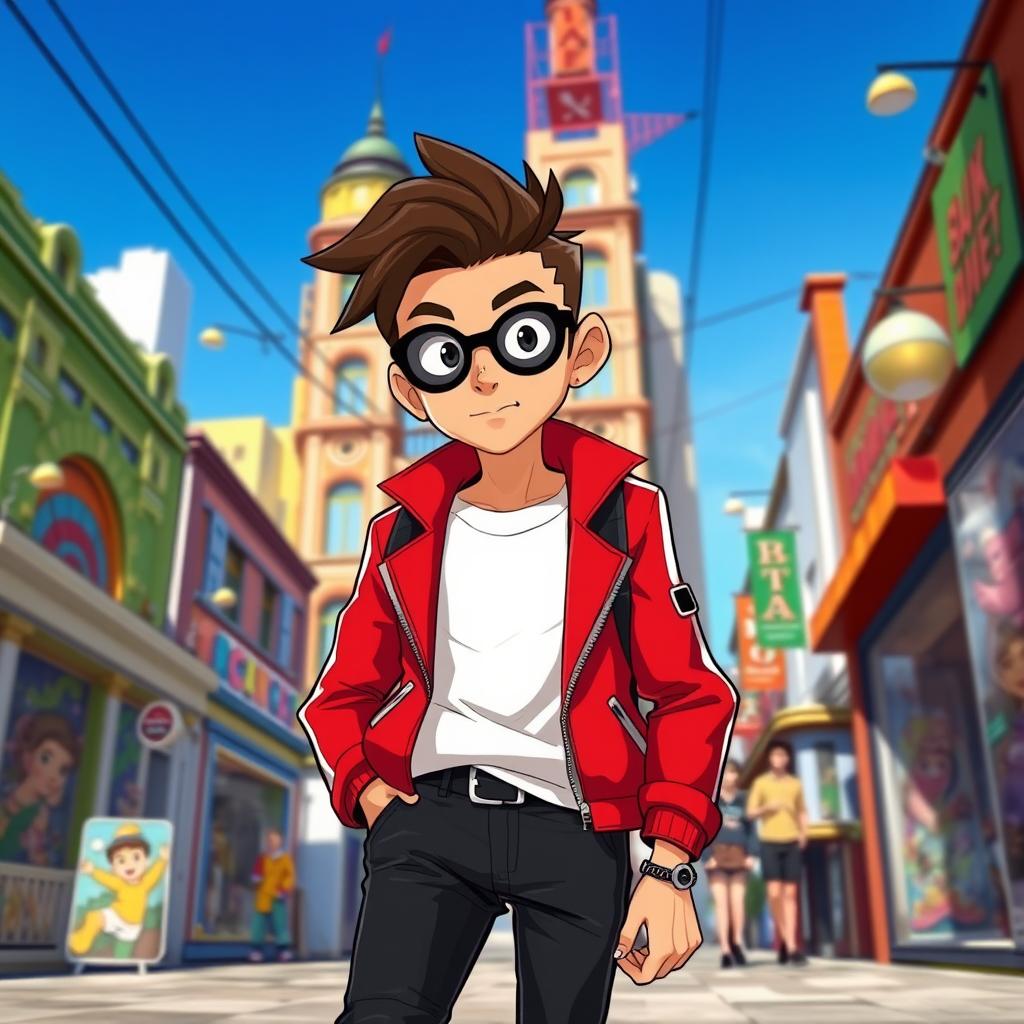 A fashionable character wearing a bright red jacket and black pants walking confidently down a bustling street