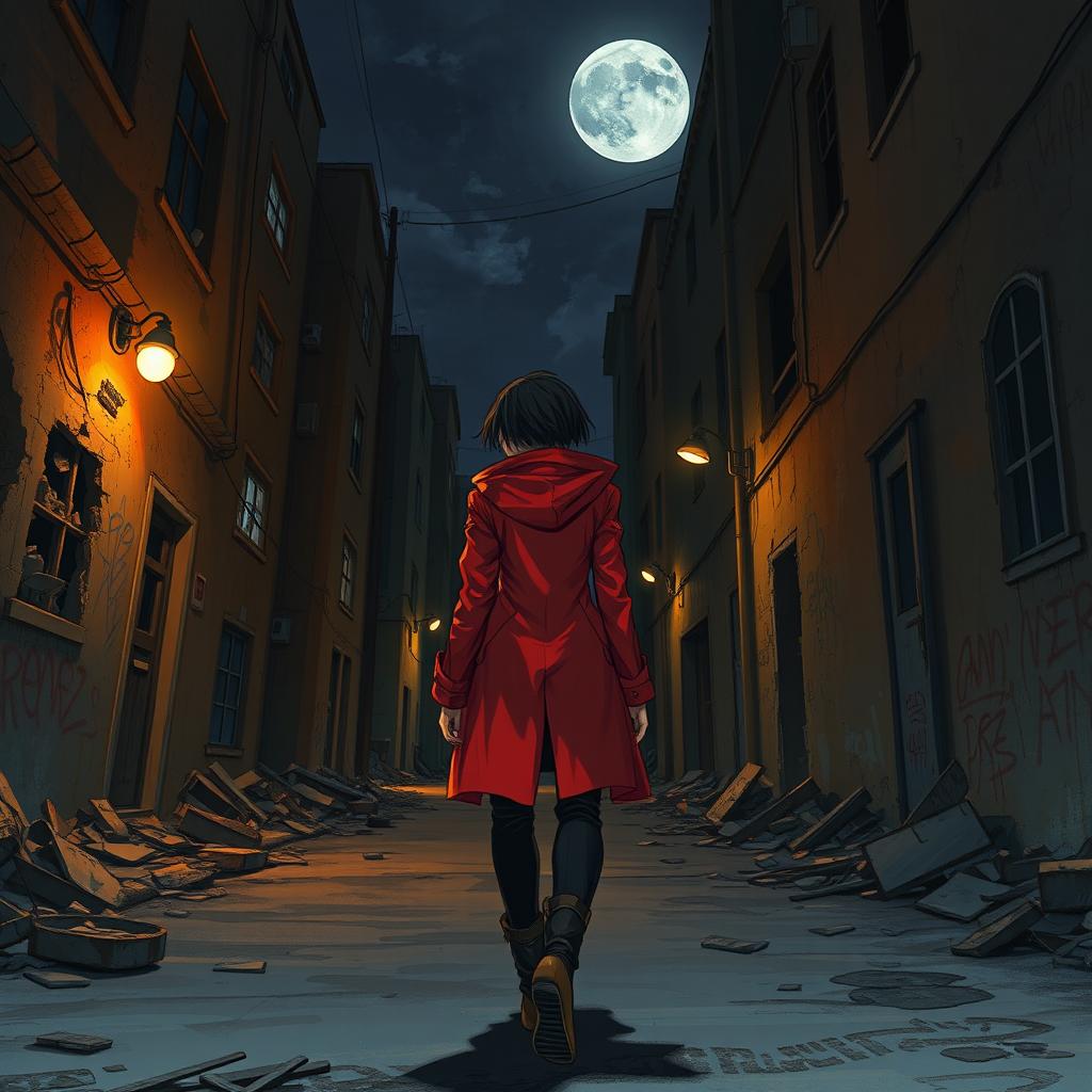 A character wearing a vibrant red jacket and black pants walking through a dilapidated street at night, illuminated by the faint glow of street lamps and the moonlight casting shadows on crumbling walls