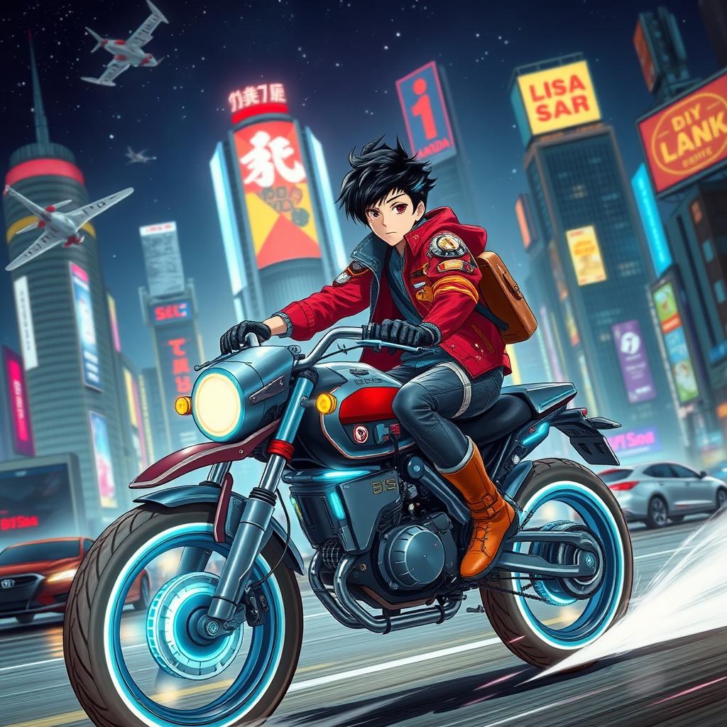 A futuristic cityscape inspired by cyberpunk aesthetics, featuring a young male character named Kaneda