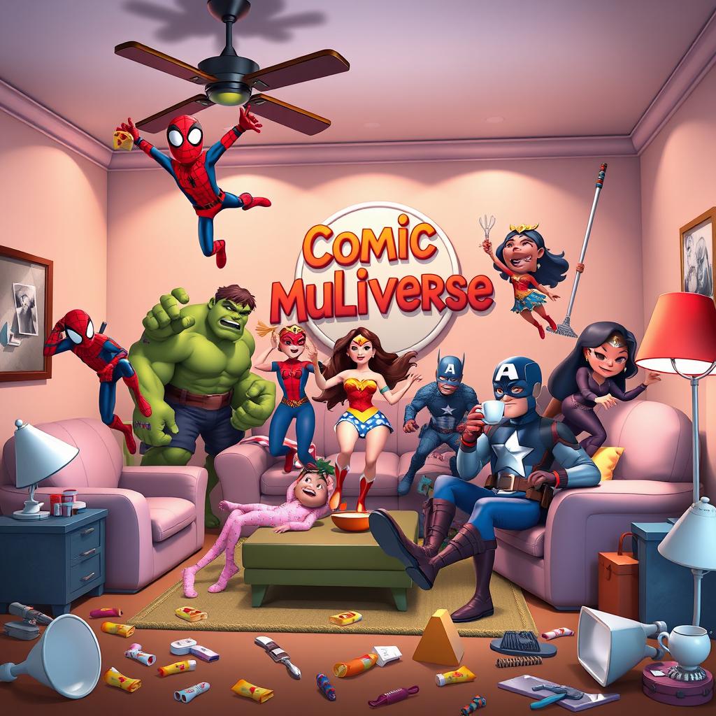 A chaotic Disney-style 3D pixel living room, cartoonish and exaggerated