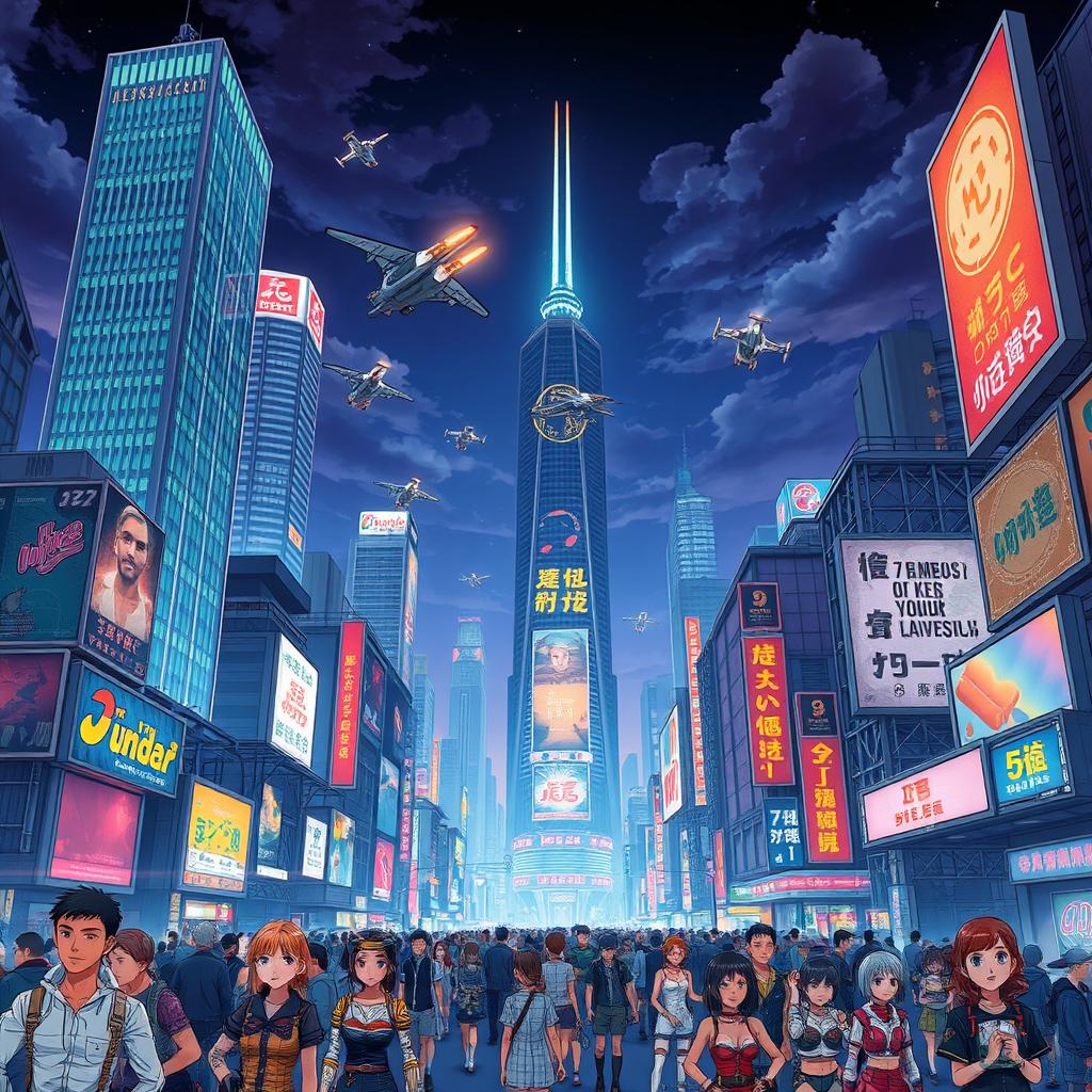 An imaginative and stylized scene inspired by the unique art style of Katsuhiro Otomo, featuring a bustling cyberpunk cityscape at night with neon lights, towering skyscrapers, and flying vehicles