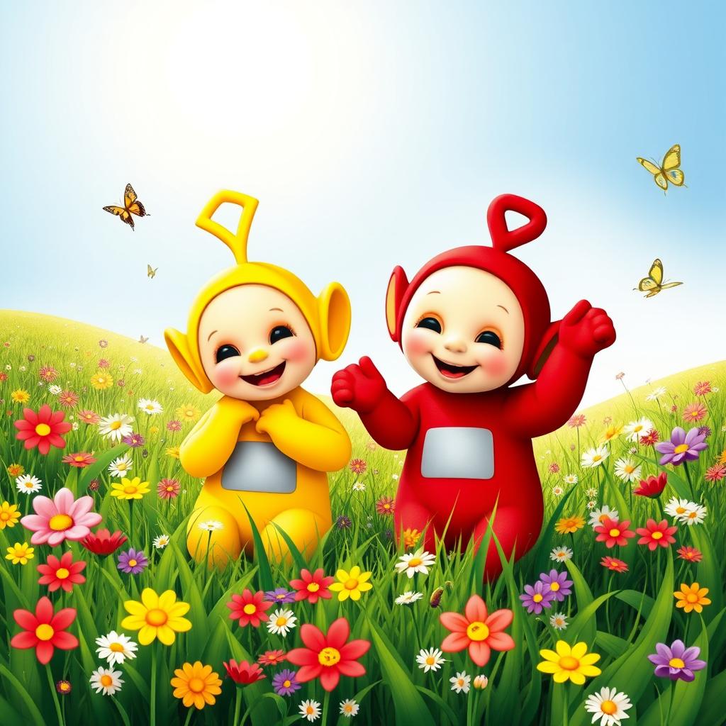 Two adorable characters, Lala and Po from the Teletubbies, engaged in playful activities in a vibrant, lush green meadow filled with colorful flowers and playful butterflies fluttering around