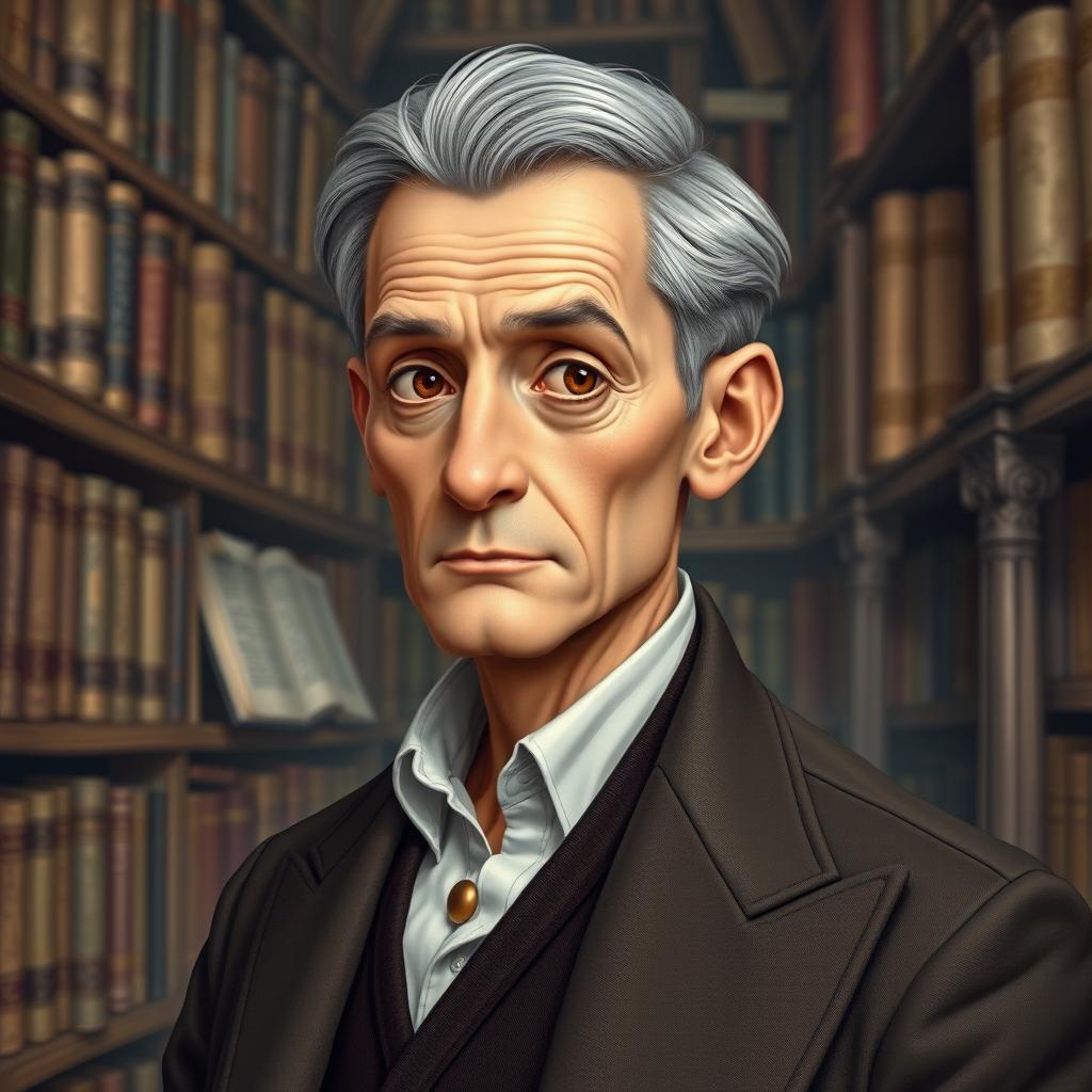 A portrait of a short, lean, erudite male human in his fifties, characterized by a thoughtful expression and wise eyes that reflect his extensive knowledge and experience