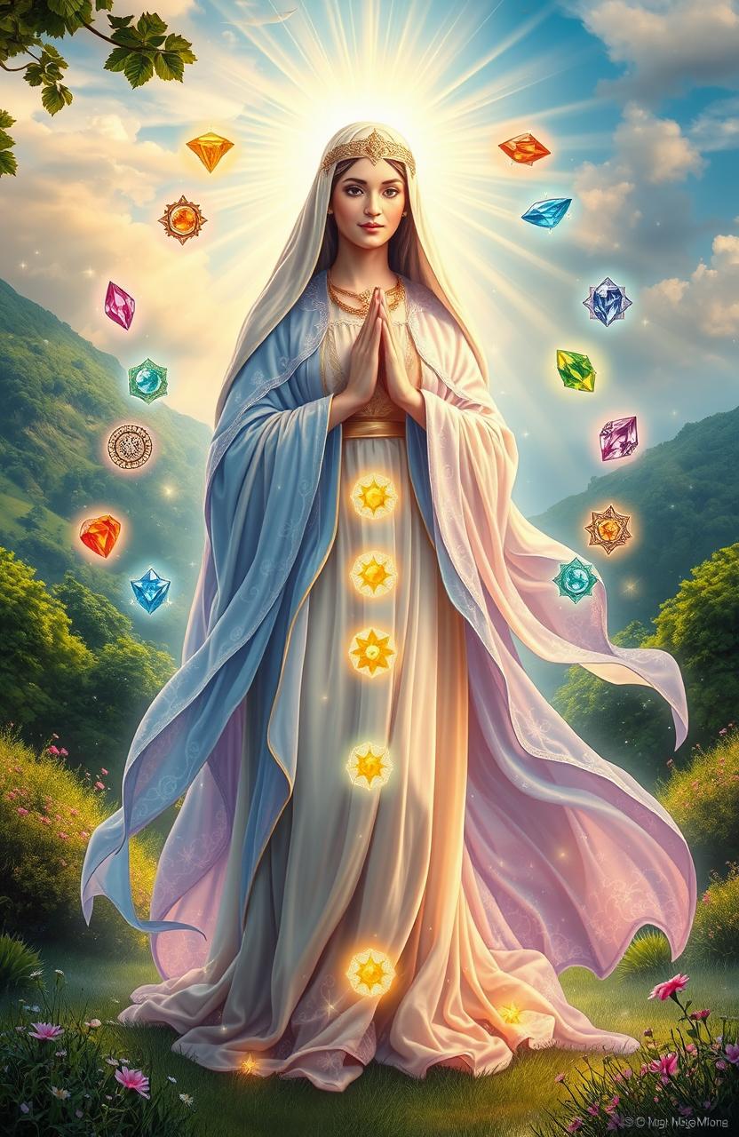 A mystical representation of Dona Safira, a wise and enchanting lady embodying the Twelve Virtues of God