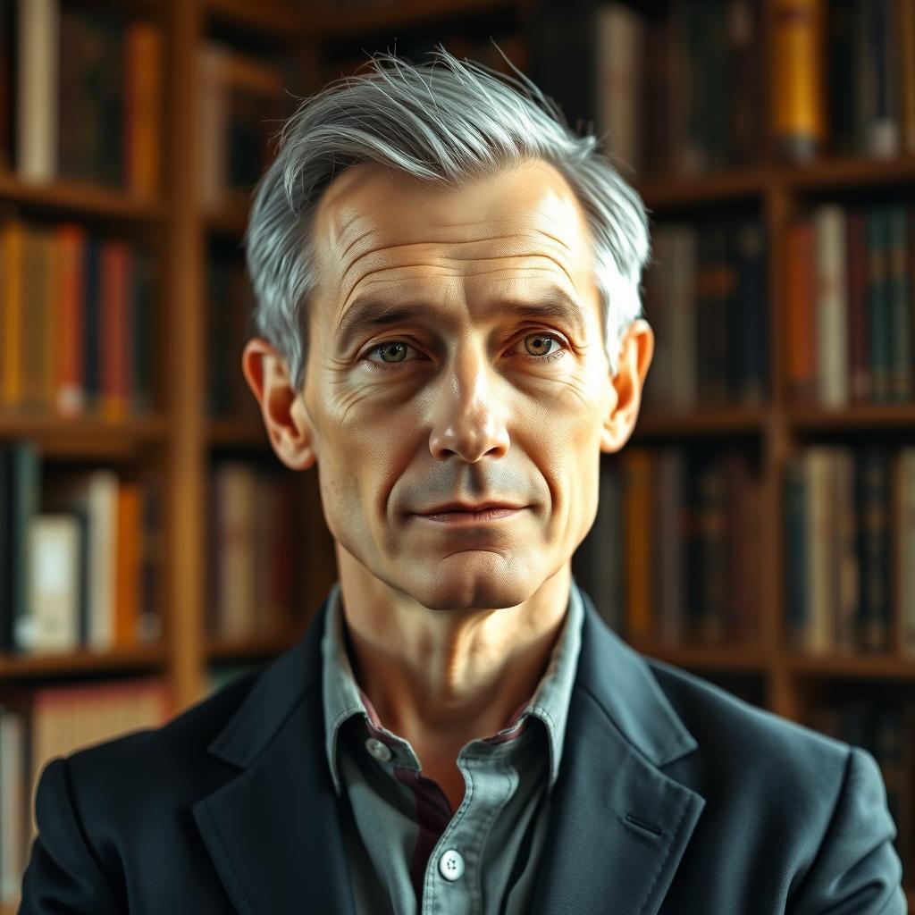 A portrait of a short, lean, erudite male human in his early fifties, embodying a thoughtful and reflective demeanor