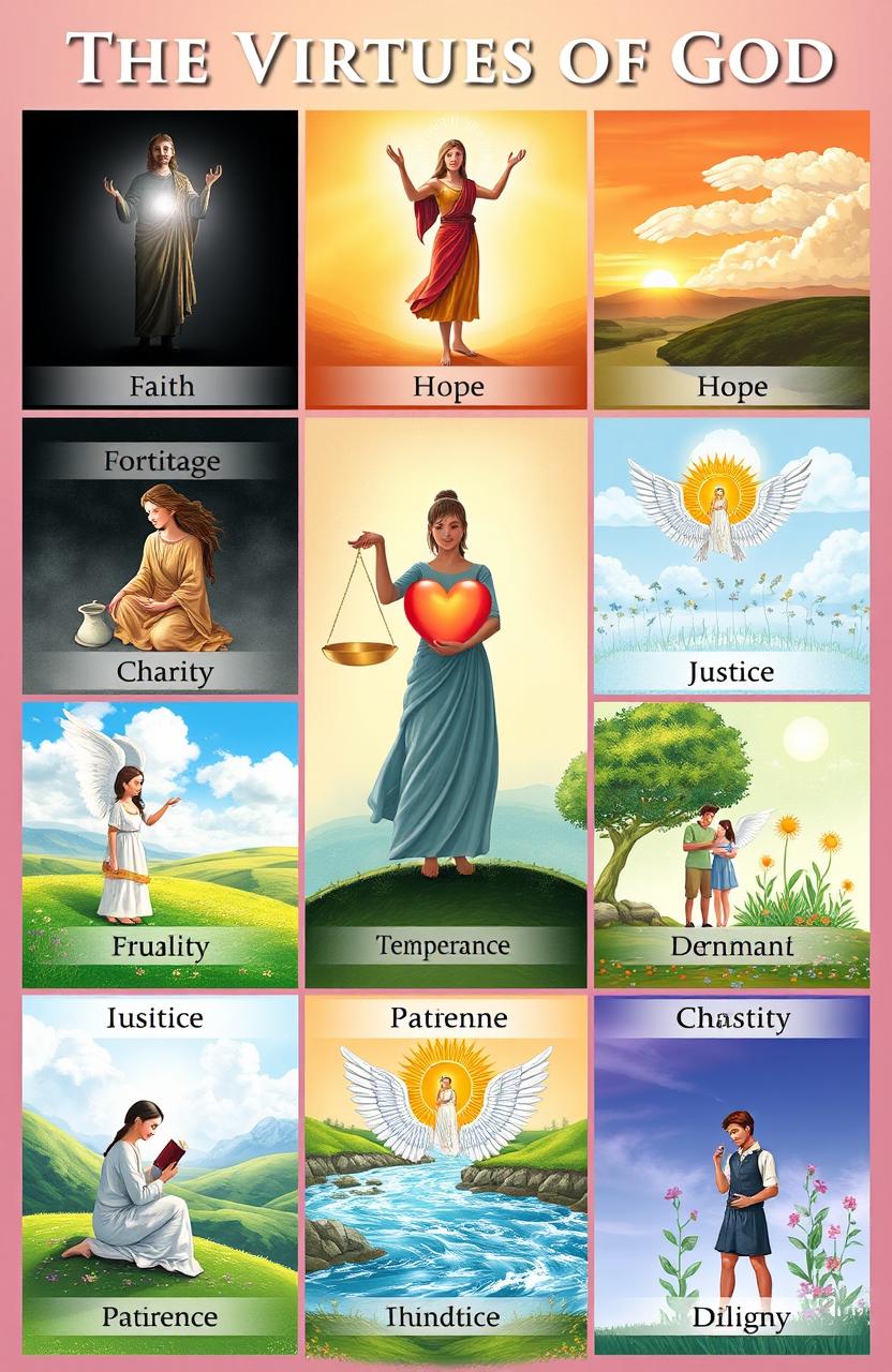 An artistic representation of the 12 Virtues of God, beautifully illustrated and symbolically depicted