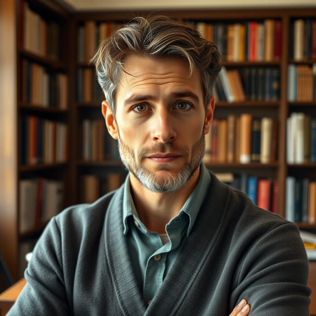A portrait of a short, lean, erudite male human in his early forties, showcasing a contemplative expression and insightful eyes that reflect his keen intelligence and life experiences