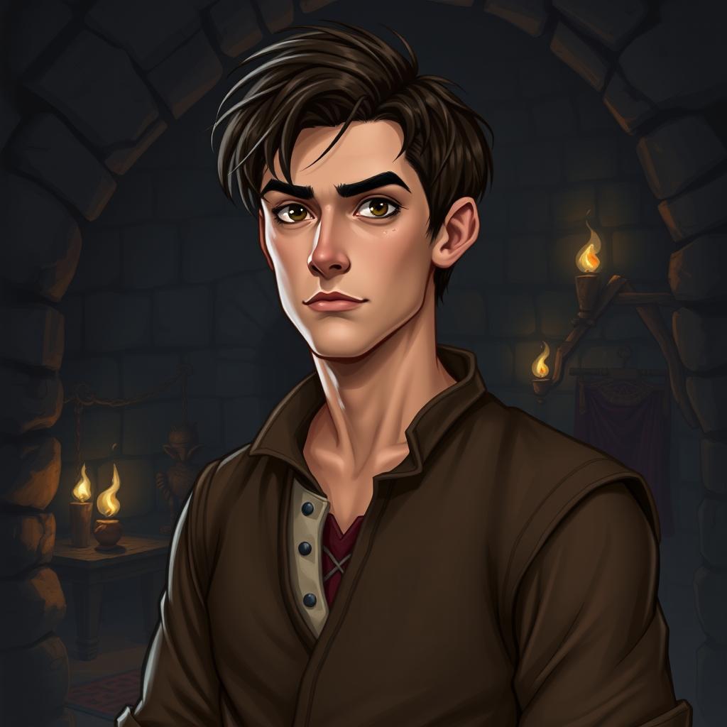 A Dungeons & Dragons style portrait of a short, lean, erudite male human in his early forties, with a thoughtful expression and sharp, intelligent eyes