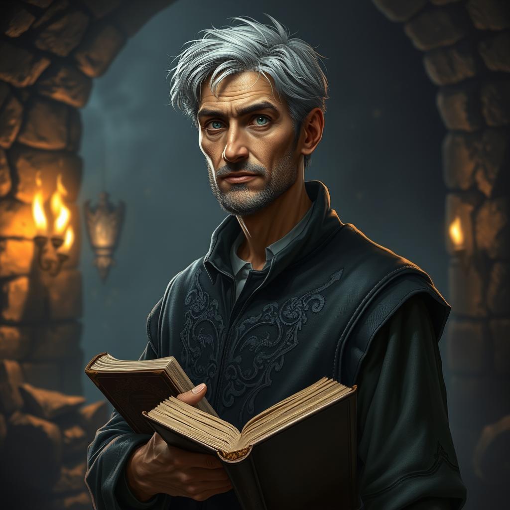A Dungeons & Dragons style portrait of a short, lean, erudite male human in his early fifties, showcasing a thoughtful and wise expression