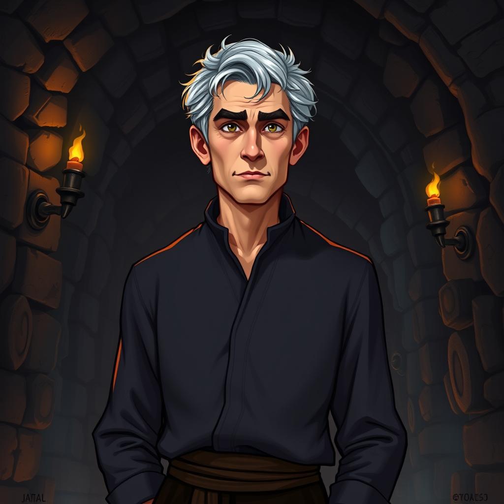 A Dungeons & Dragons style portrait of a short, lean, erudite male human in his early fifties, featuring a wise and thoughtful expression