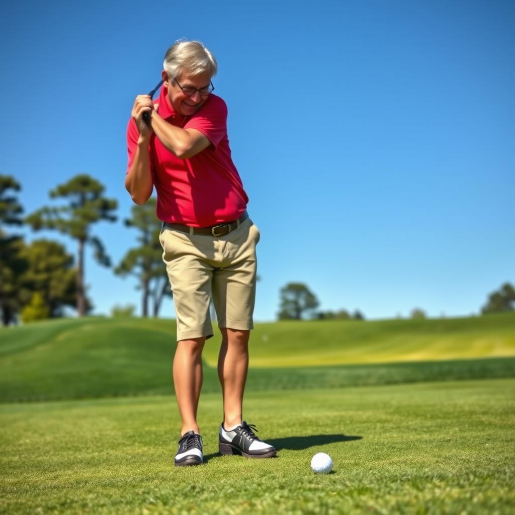 A golfer cheating during a game, subtly moving the ball closer to the hole on a lush green golf course