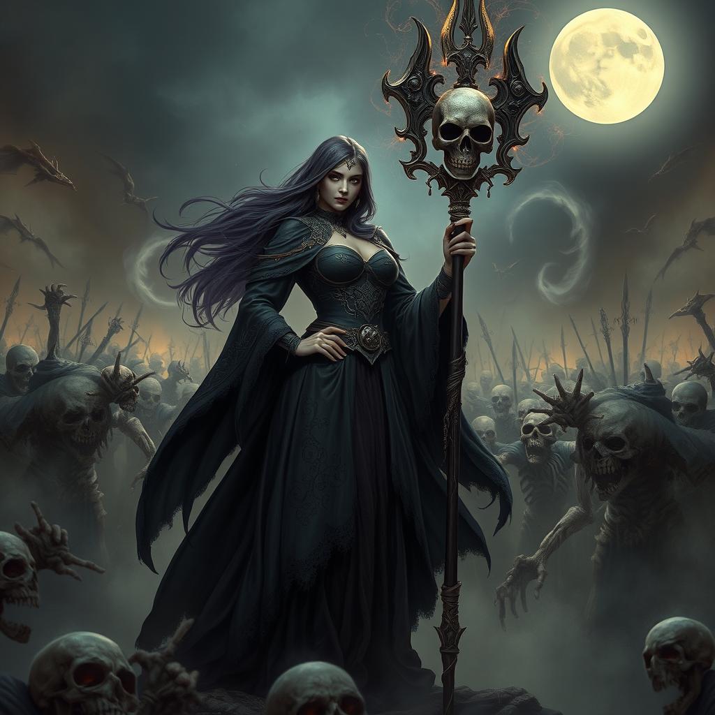 A powerful female necromancer dressed in dark, intricate robes, standing confidently amidst an army of the undead