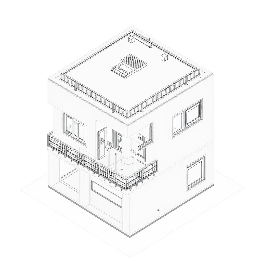 A detailed architectural line drawing in axonometric view, showcasing a cubic complex house