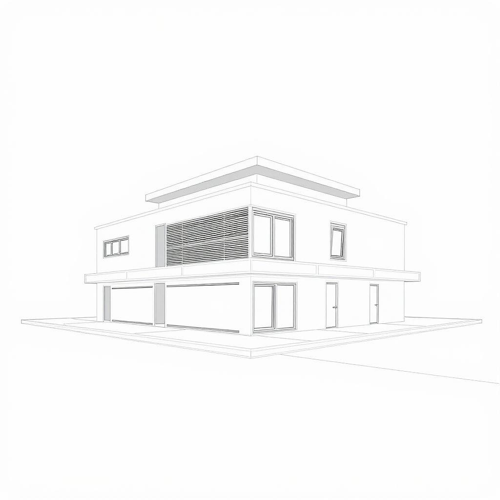 An architectural line drawing rendered in axonometry, viewed from a low angle perspective, reminiscent of a frog's viewpoint