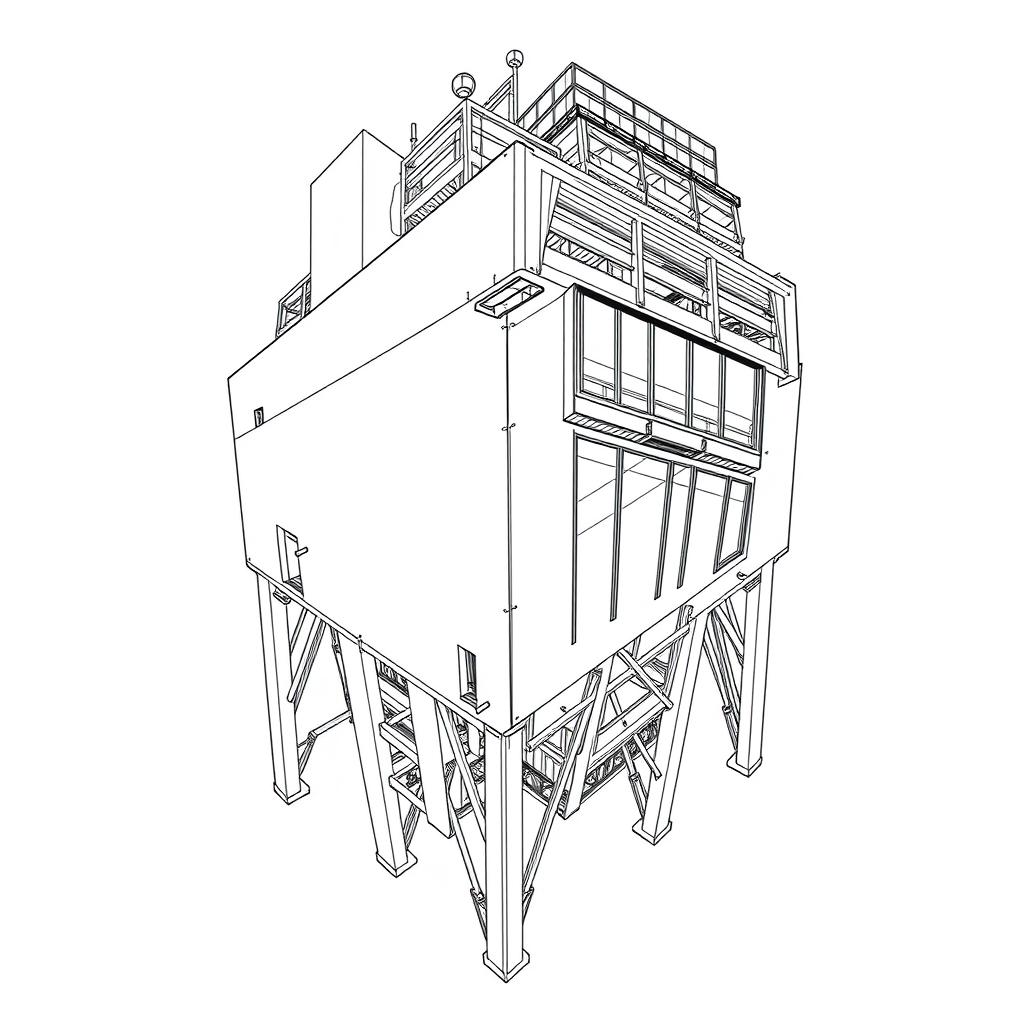 An architectural line drawing in axonometric view, showcasing a cubic industrial tower