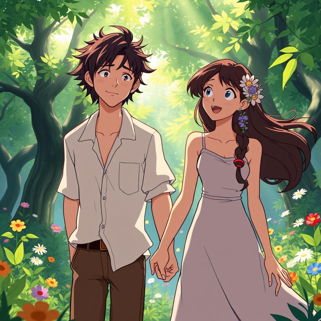 A whimsical scene inspired by Studio Ghibli featuring two characters, a man and a woman, holding hands