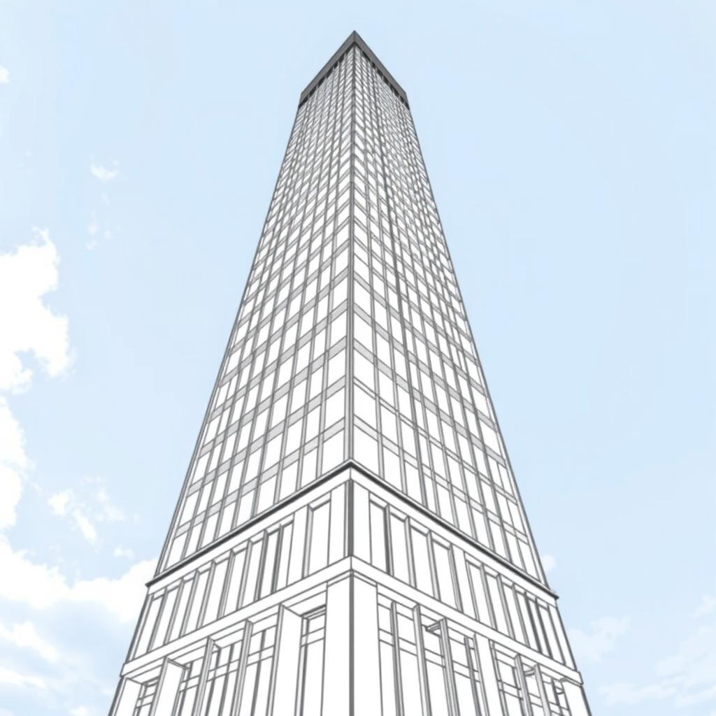 A detailed architecture line drawing of a modern tower building depicted in axonometric projection, showcasing a stunning view from below, resembling a frog perspective