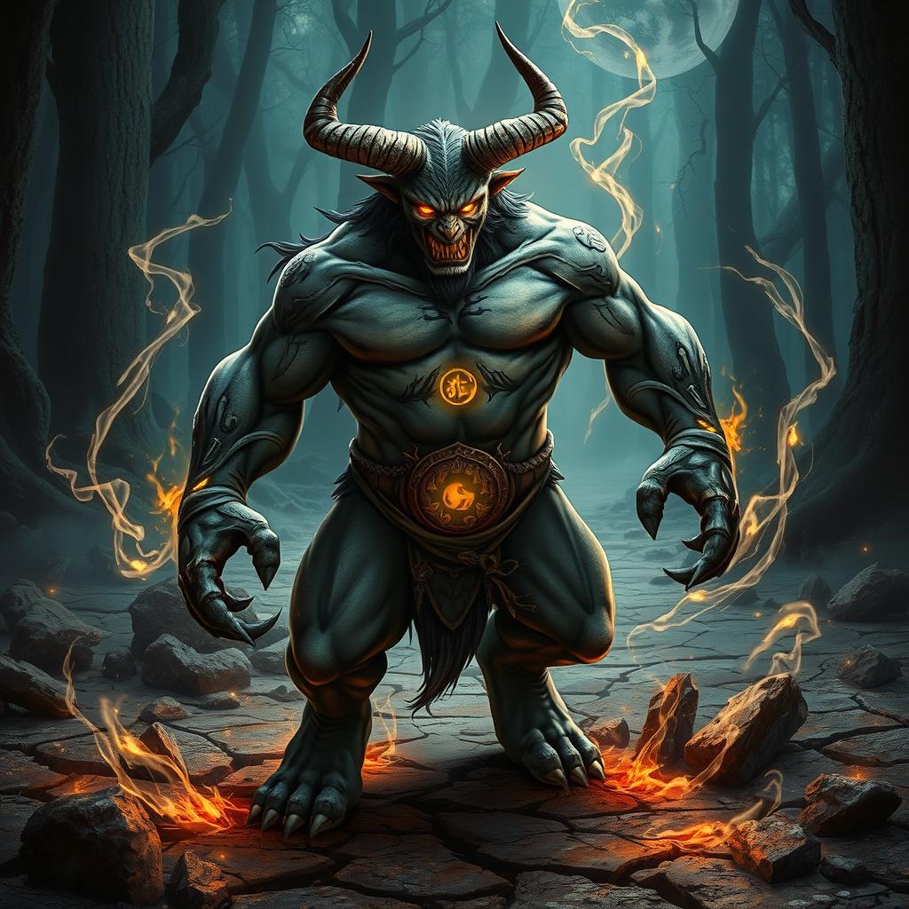 A powerful Oni creature with horns, showcasing intricate markings on its muscular body, representing a blend of demonic and human features