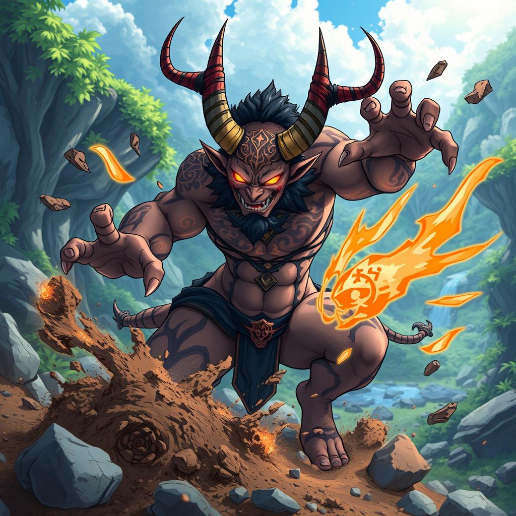 An anime-style Oni with horns, featuring intricate markings on its physique, which is a captivating blend of demonic and human traits