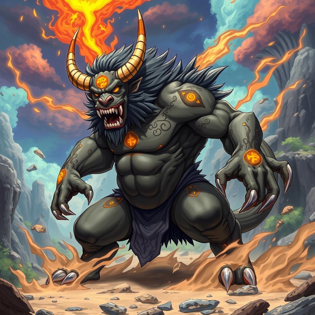 An anime-style Oni with prominent horns and intricate body markings, embodying a striking fusion of demonic and human characteristics