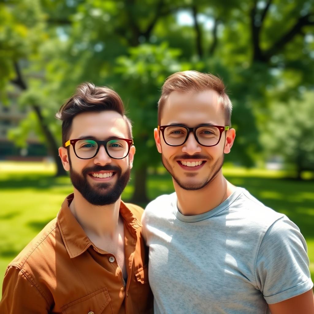 A vibrant and dynamic scene featuring two men wearing stylish glasses, standing side by side