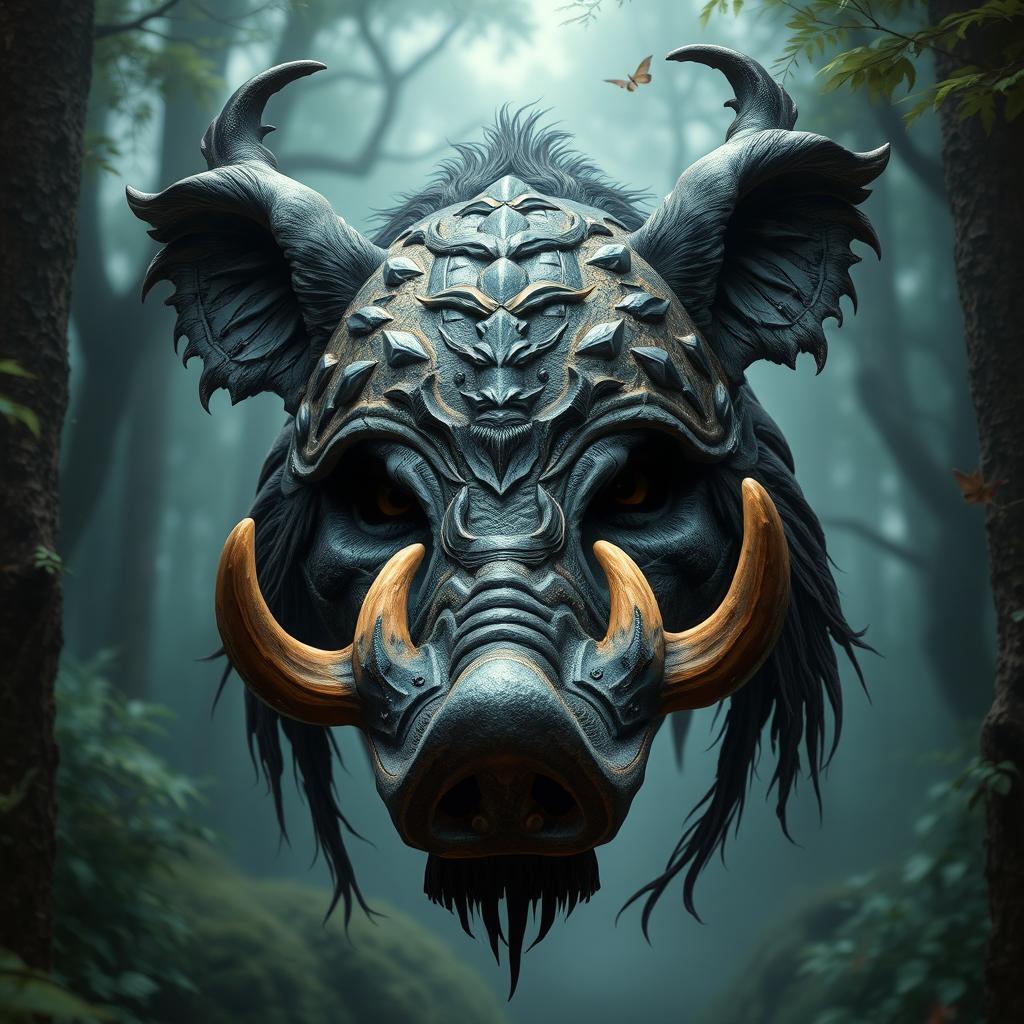 A fantasy-style barbute helmet designed with the fierce features of a boar, showcasing prominent tusks that protrude from the front