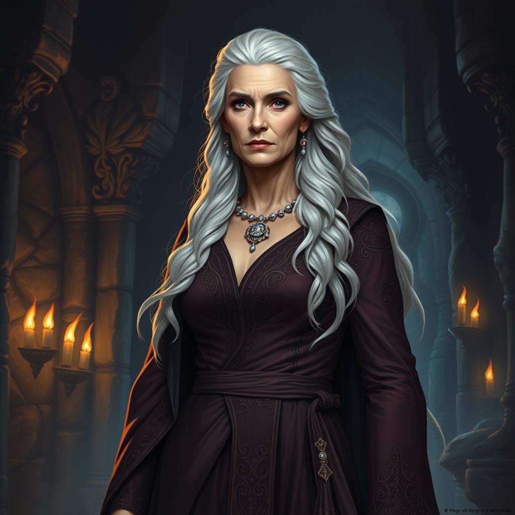 A Dungeons & Dragons style portrait of a fit, aristocratic human woman in her seventies, exuding wisdom and elegance