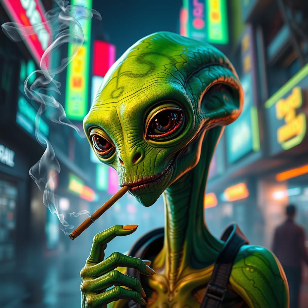 A hyper-realistic alien character, smoking a futuristic cigarette with smoke gently swirling around its elongated head