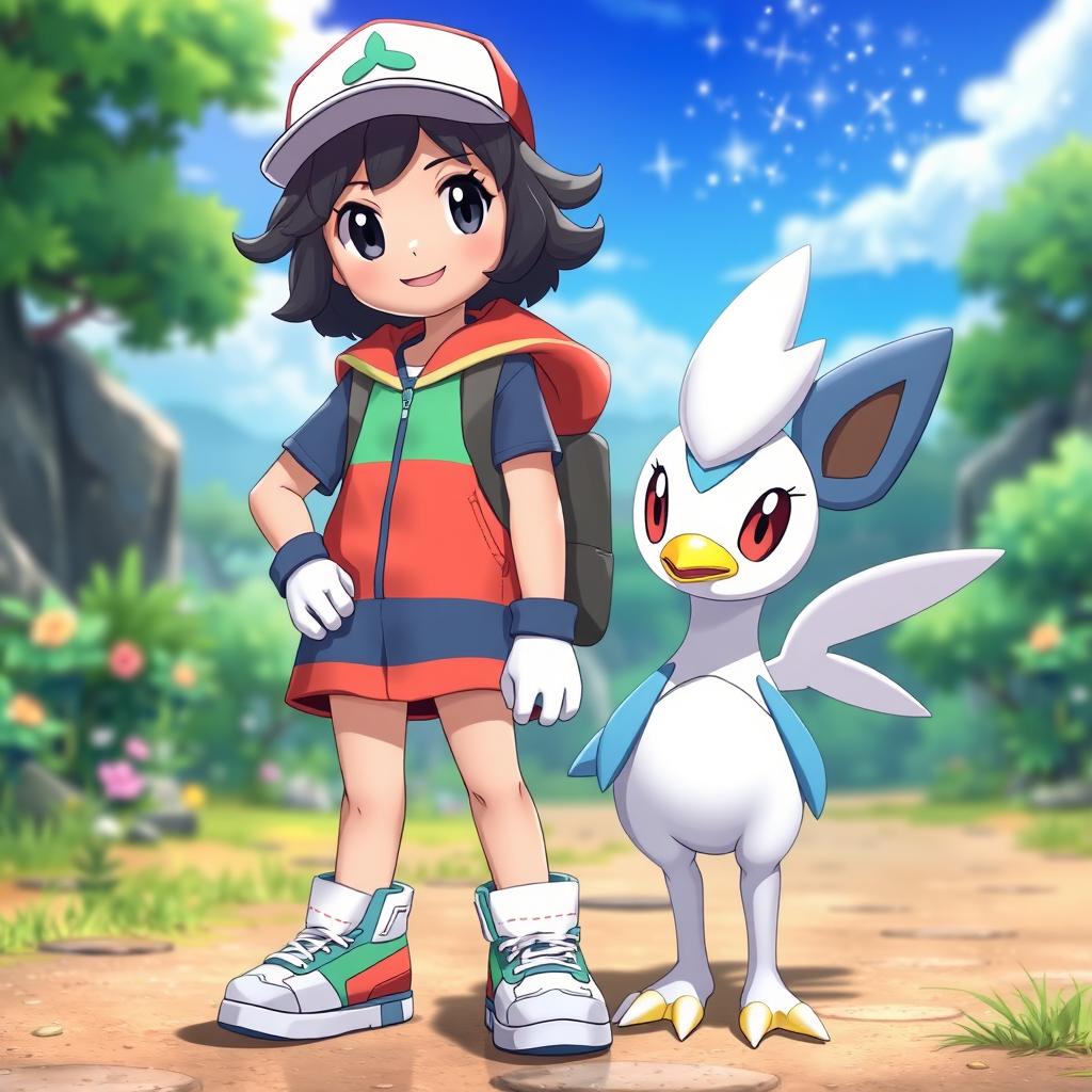 An imaginative scene featuring a young female Pokémon trainer with short, wavy black hair and striking black eyes, wearing a colorful Pokémon trainer outfit complete with a unique cap, gloves, and sneakers