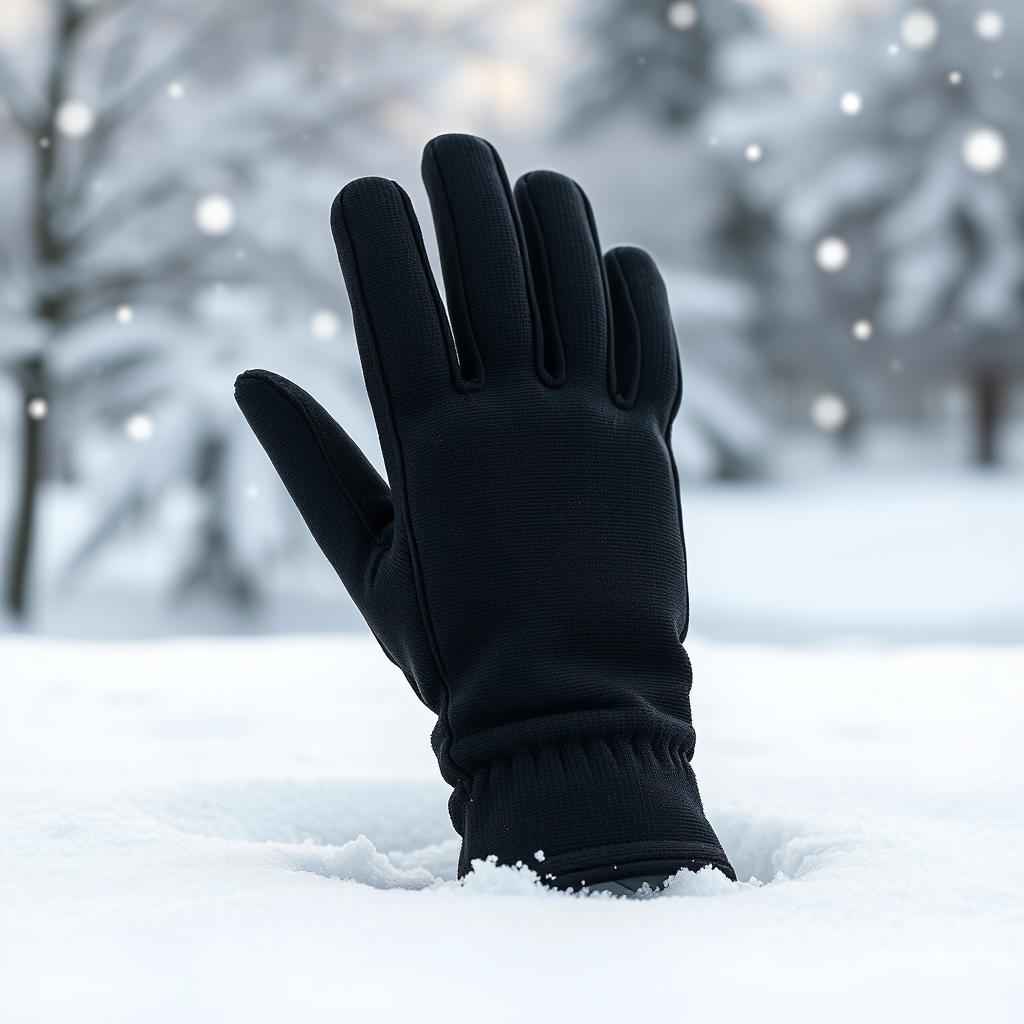 A single black winter glove placed elegantly on a snowy white surface, showcasing its textured fabric and stylish design