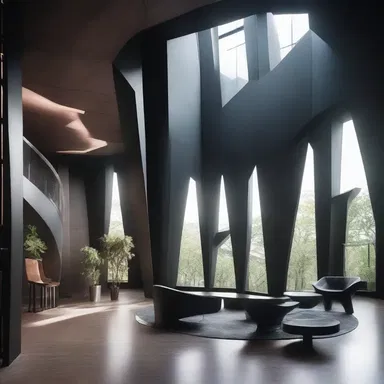 The designer incorporated elements such as dark wood, sharp angles, and metal accents to animalise the interior of the futuristic building, creating a cold and inhuman atmosphere.