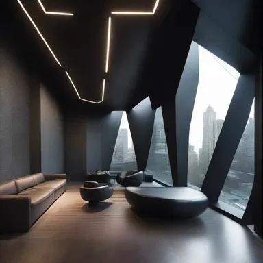 The designer incorporated elements such as dark wood, sharp angles, and metal accents to animalise the interior of the futuristic building, creating a cold and inhuman atmosphere.