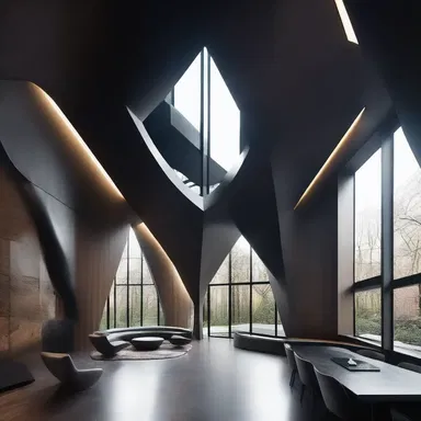 The designer incorporated elements such as dark wood, sharp angles, and metal accents to animalise the interior of the futuristic building, creating a cold and inhuman atmosphere.